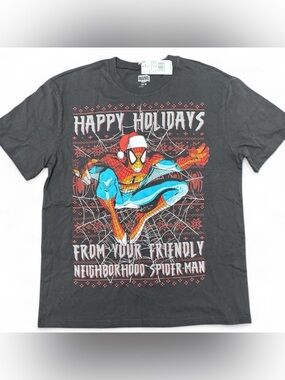Marvel Spider-Man Happy Holidays Black Cotton Graphic Tee T-Shirt